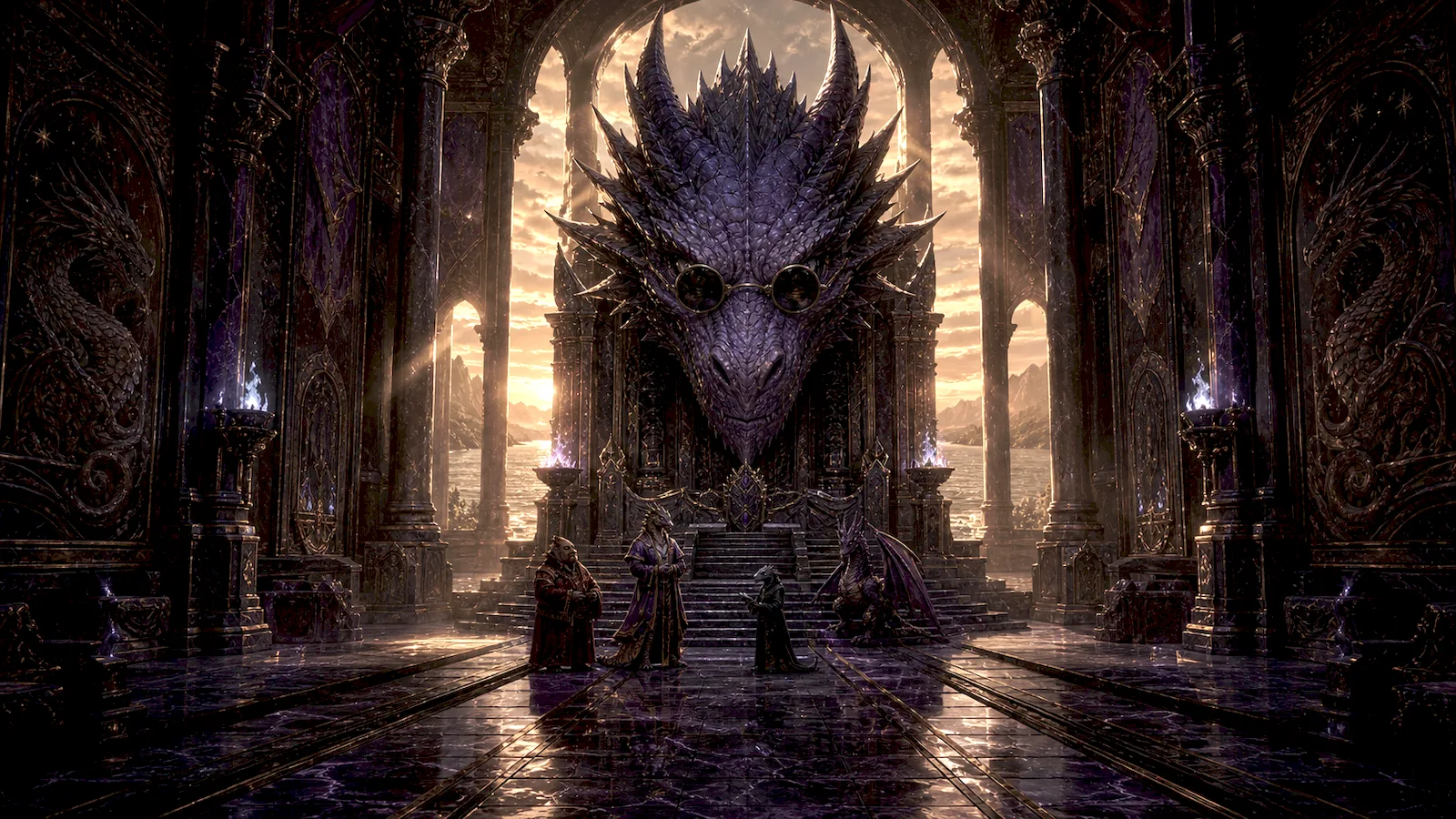 Cavernous stone throne chamber dominated by a colossal carved dragon's head, three small robed figures standing before it.