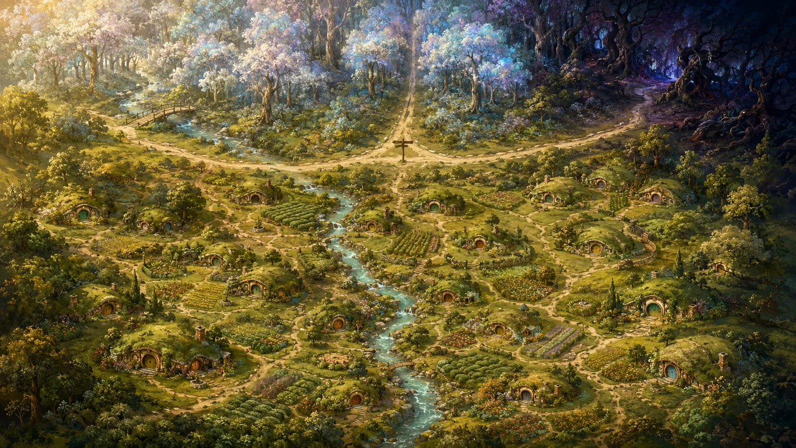 Illustrated overhead view of the village of Teaminton — small hobbit-style burrow homes, garden plots, and a winding stream.